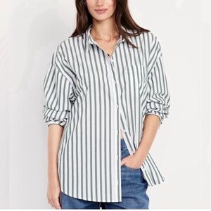 Old Navy | Oversized Button-Down Boyfriend Shirt Sz XL Green White Striped